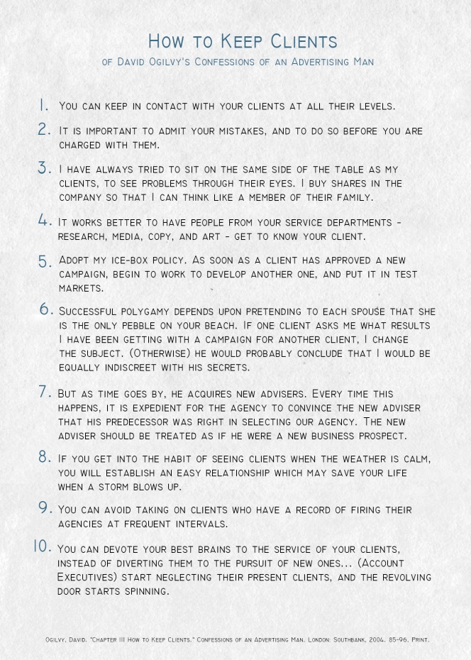 Ogilvy Advertising Tips Poster How to Keep Clients